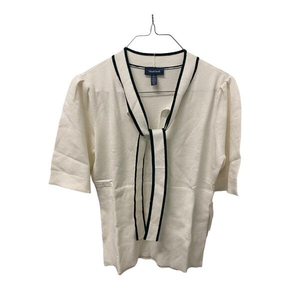 ModCloth Bow Thyself Tie Neck Knit Top LARGE White Black Short Sleeve Retro Chic - Picture 2 of 6